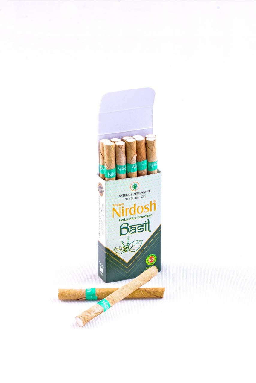 Basil Flavored Herbal Filter Dhoompan - Pack Of 3 + 1 Free Woods Hand Rolled Masala Incense Sticks | Tobacco & Nicotine Free 30 Herbal Cigarettes