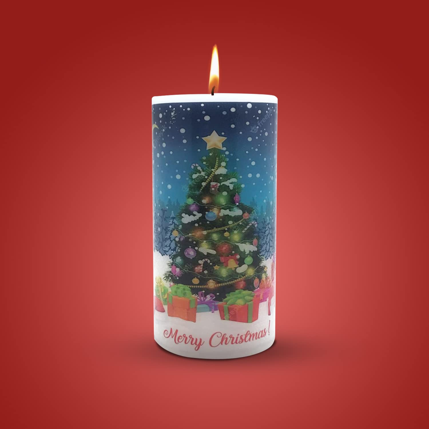 XMAS TREE WITH STAR CANDLE 6 INCH PILLAR CANDLE | CHRISTMAS SANTA CANDLE