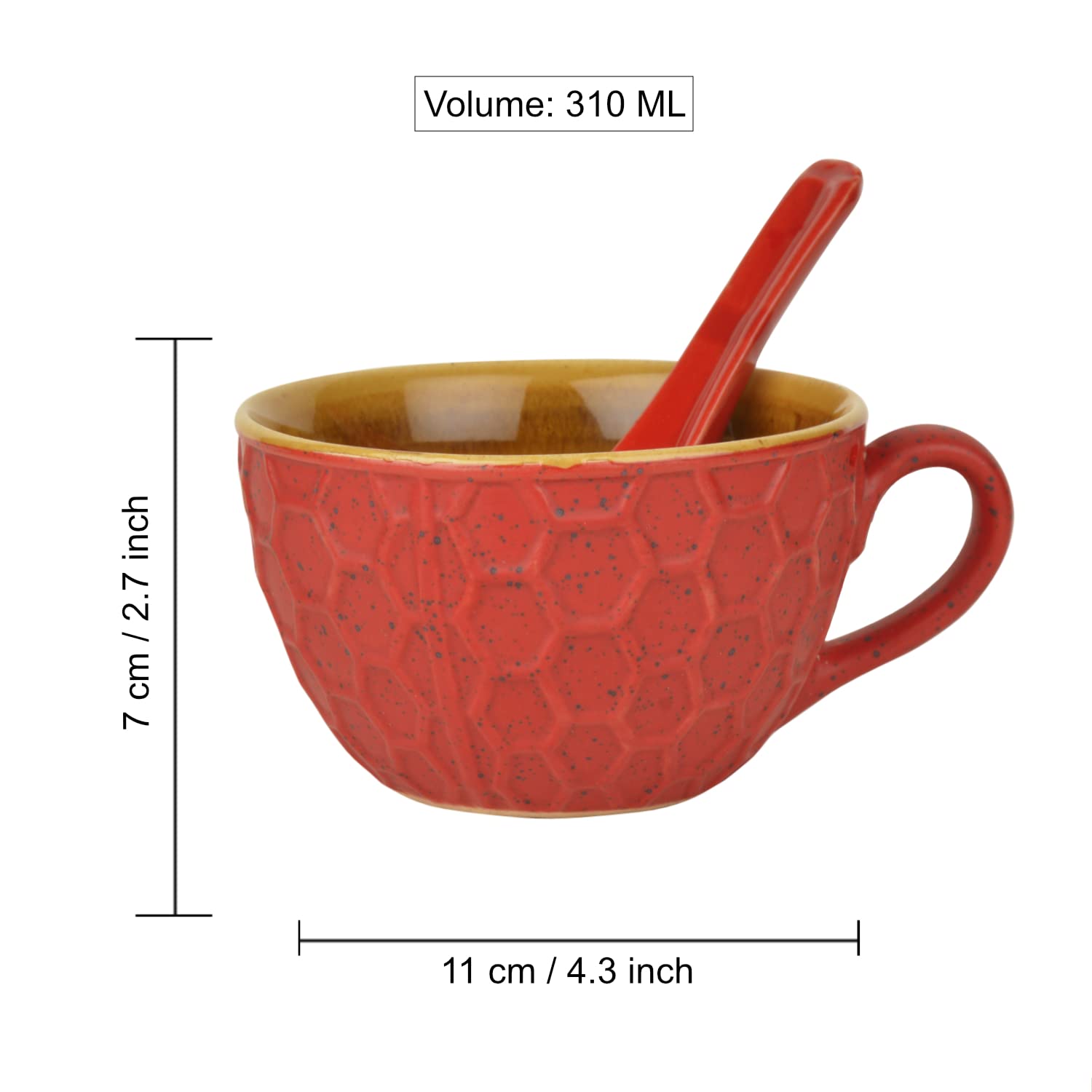 Studio Pottery Ceramic Soup Cups With Spoons, Set Of 4 - Red & Yellow, 310ml Each | Cereal Cups - Maggi Serving Bowls