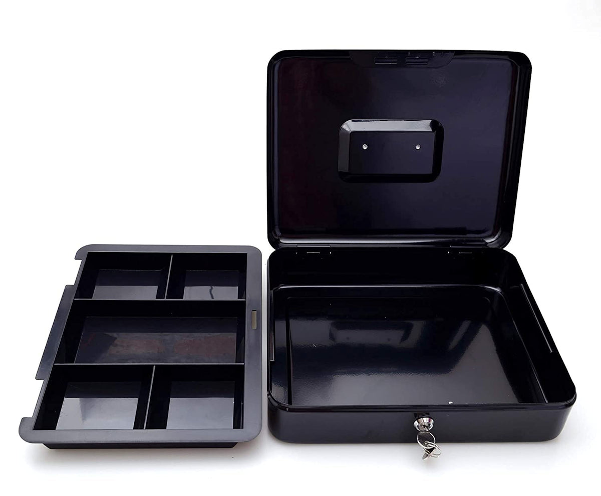 Big Size Cash Box With Key Money Tray & Lock, Money Box With Cash Tray 12- Inch, Size-30 X 22 X 9 Cm, Colour - Black, Material - Metal