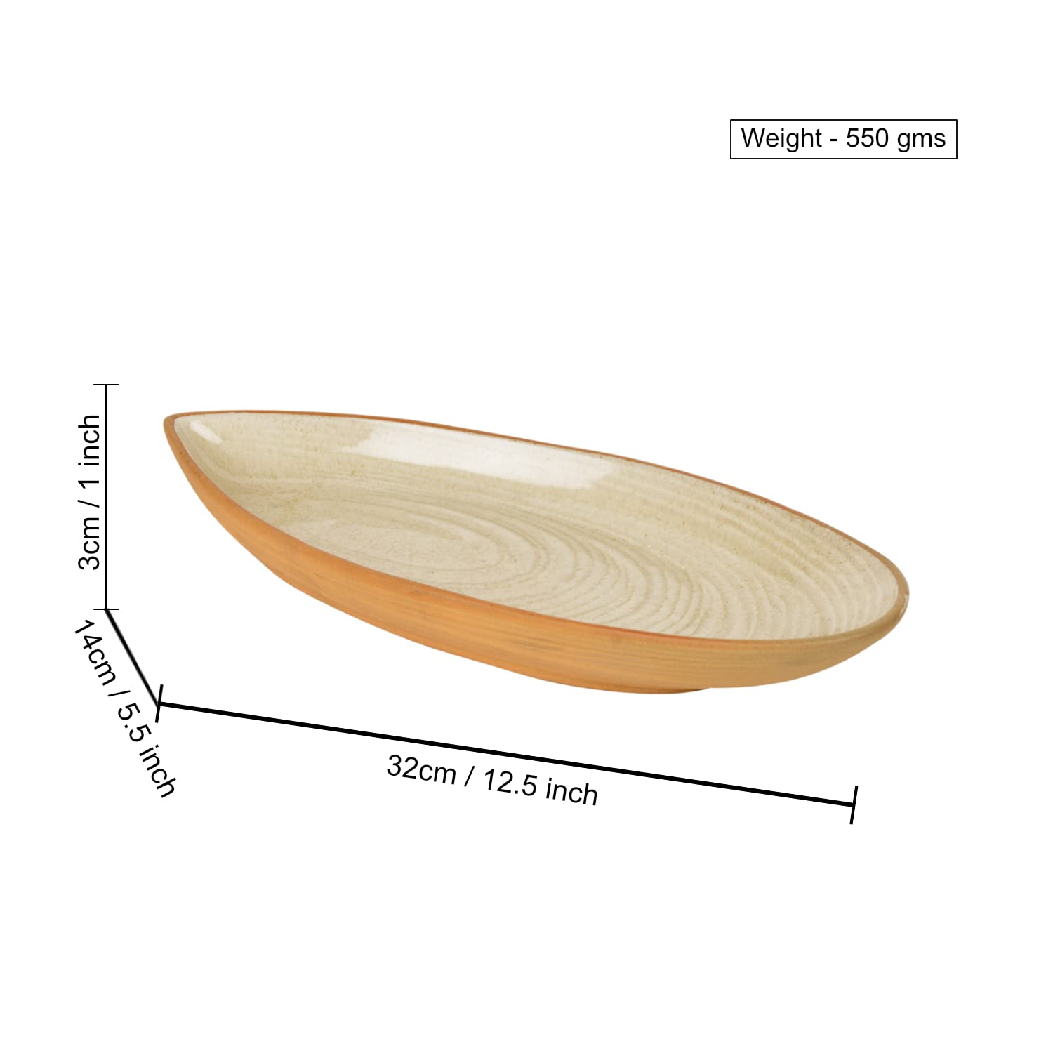 Luxurious Boat Shaped Ceramic Platter With Spiral Design - Ivory, 11 Inches | Starter Serving Tray - Kebab Platter