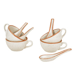 Ceramic Matt Finish Soup Cups With Spoon Set Of 4 - 250ml Each, White | Maggi Bowls - Cereal Bowls