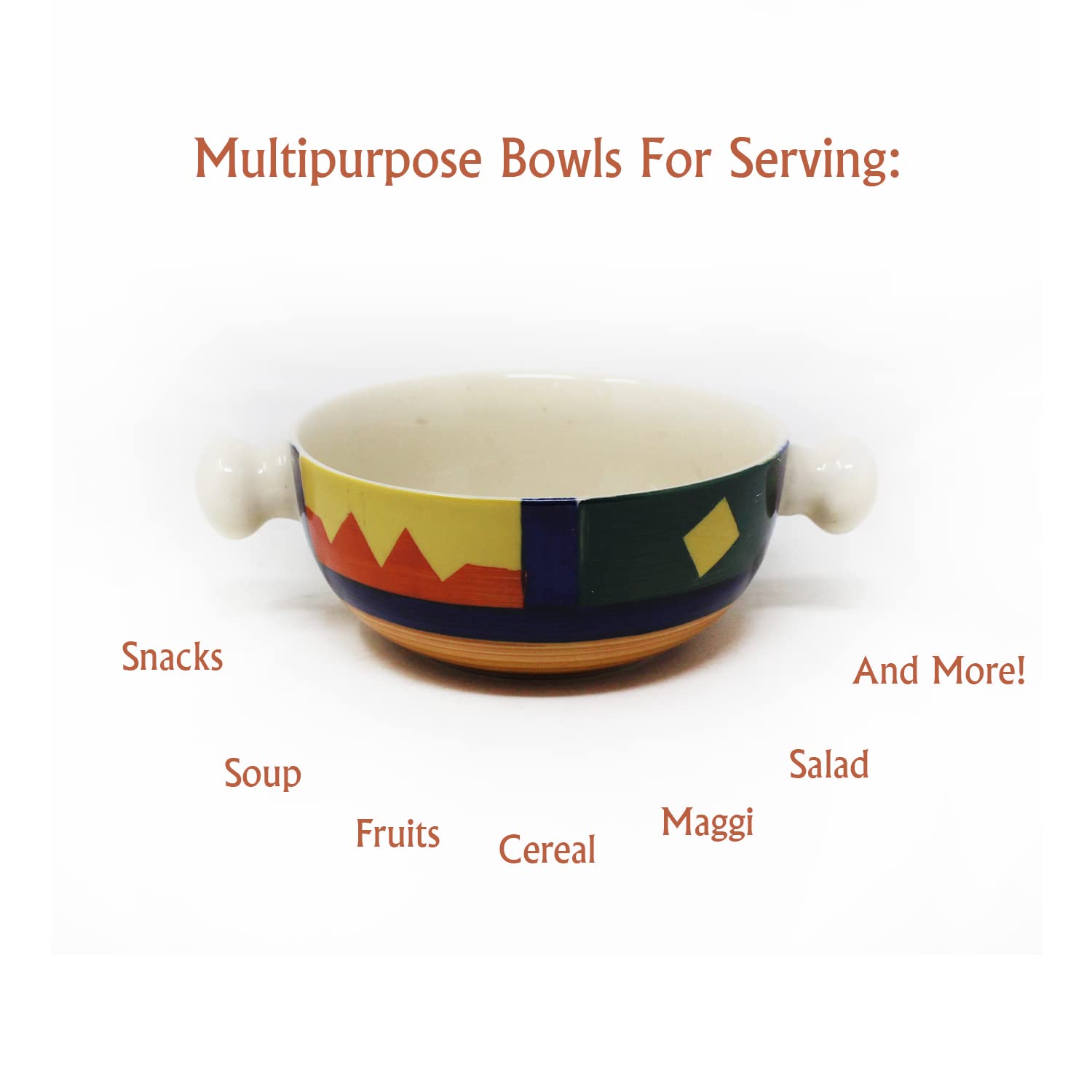 Boho Fiesta Ceramic Snack Bowls With Handles - 2 Pieces, 300ml Each, Multicolor | Hand Painted Handled Soup Bowls - Ceramic Snacks Serving Bowls Set | Microwave Safe & Dishwasher Safe