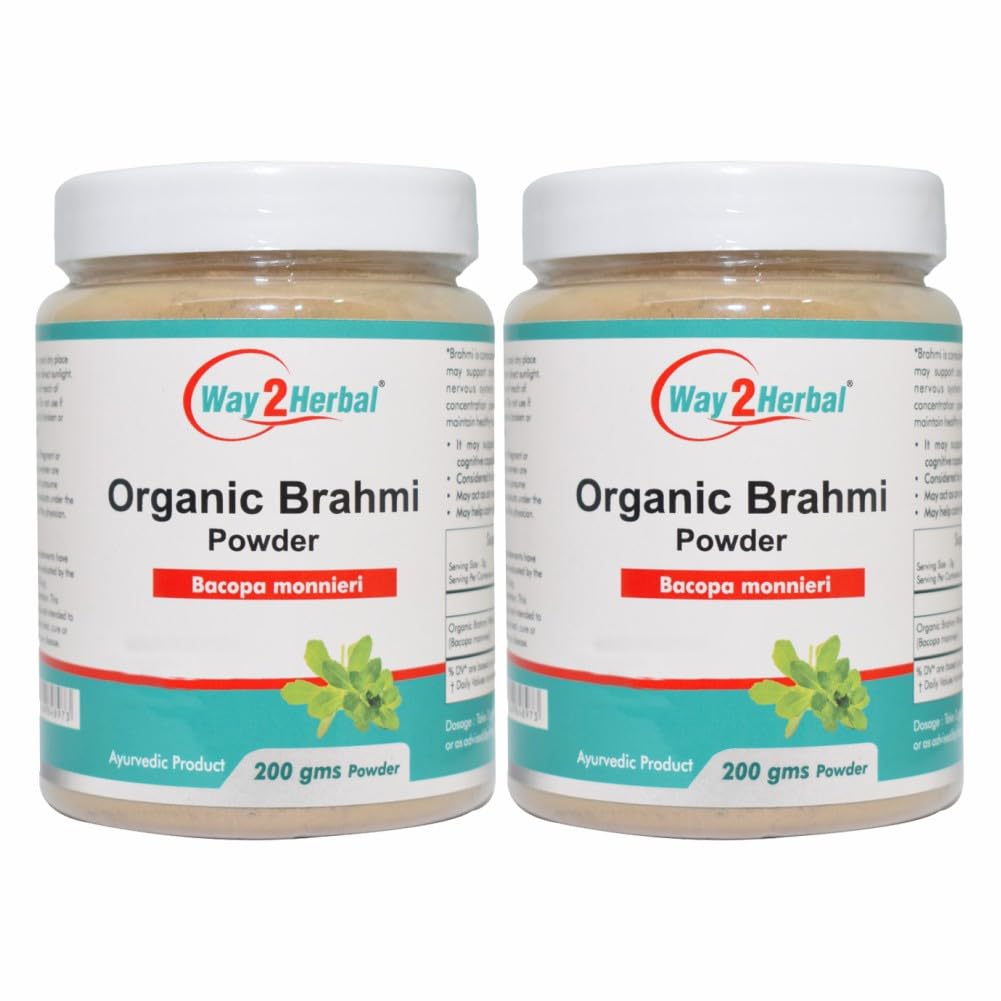 Way 2 Herbal Organic Brahmi Powder, Bacopa Monnieri, Chemical & Gluten Free, 100% Natural & Pure Organic Powder | 200gm 0.4lbs Each Pack Of 2