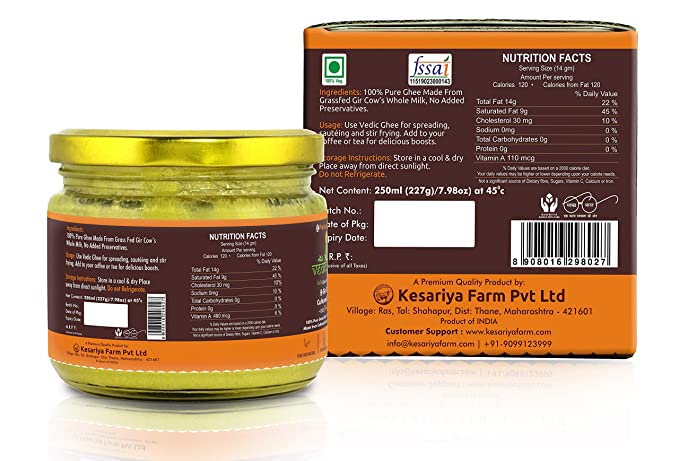 Vedic Ghee Premium A2 Gir Cow Cultured Desi Ghee From Kesariya Farm | Vedic Bilona Two Way Churned | Indian Gir Cow Ghee, Pure A2 Ghee, Natural & Healthy, Non-Gmo | Lab Certified (250ml) | 8.4 Ounce