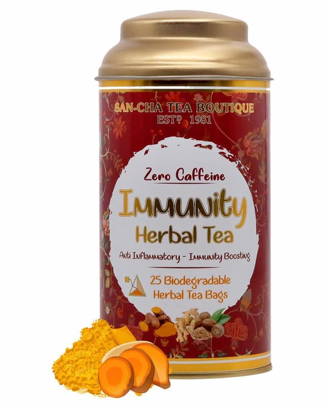 San-Cha Immunity Herbal Tea - 25 Biodegradable Herbal Tea Bags | Superfood Turmeric Blend, Anti Inflammatory - Zero Caffeine