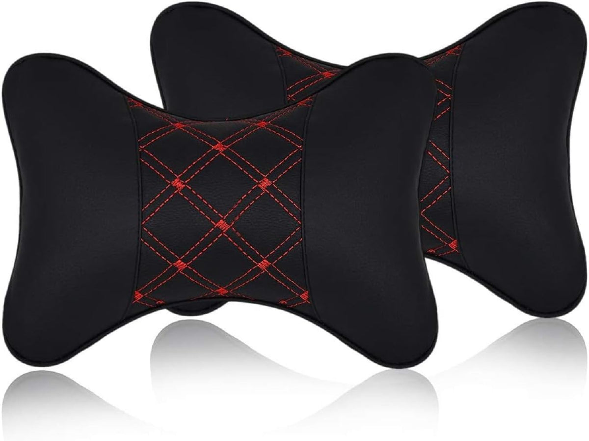 Faux Leather Car Neck Rest Pillow, Pillow Compatible With All Cars - Black & Red | Neck & Head While Driving Pillow For Neck Pain Relief | Light Weight, Adjustable - Pack Of 2