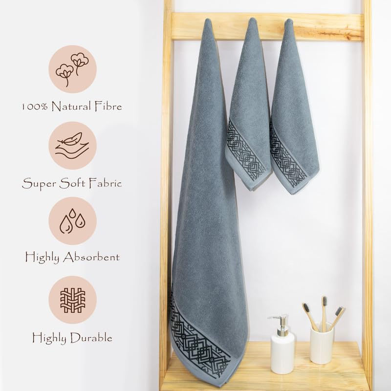 Rangoli 100% Cotton Fibre 2 Hand & 1 Bath Towel 1100 Gsm | Highly Durable & Absorbent Towel | Skin-Friendly & Quick Drying Luxury Towels (Grey) - Pack Of 3
