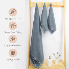 Rangoli 100% Cotton Fibre 2 Hand & 1 Bath Towel 1100 Gsm | Highly Durable & Absorbent Towel | Skin-Friendly & Quick Drying Luxury Towels (Grey) - Pack Of 3