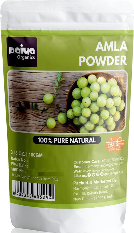 Paiya Organics 100% Pure Natural Amla Powder, Indian Gooseberry, Great For Hair Conditioning & Hair Coloring Mixture, Natural Vitamin C & Antioxidants | 100gm 0.2lbs