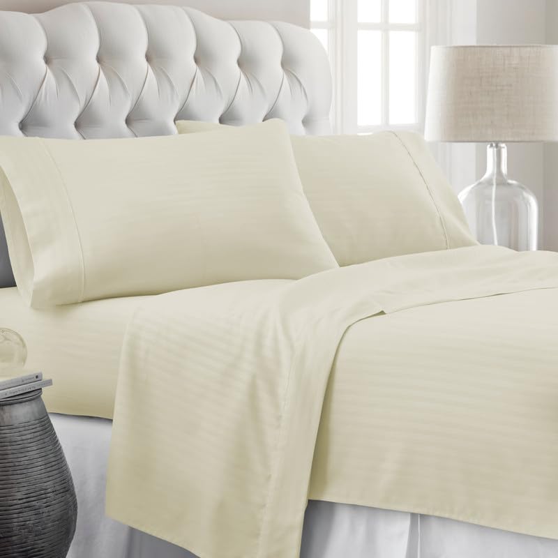 Striped Cotton Queen Size Fitted Bedsheet With 2 Pillow Covers - 60 X 80 + 12 Inches, Ivory | Soft & Durable | Perfect For All Seasons, Especially Summer