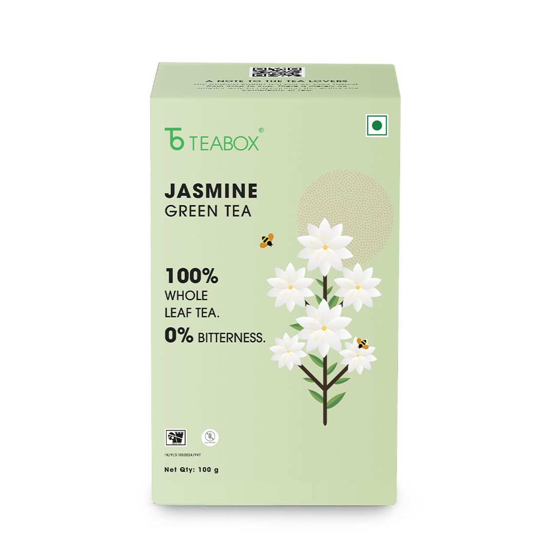 Teabox Jasmine Green Tea - 100gm, 3.5 Ounce | Made With 100% Whole Leaf - Natural Jasmine Flowers Sourced From Madurai | Low Caffeine, 0% Bitterness
