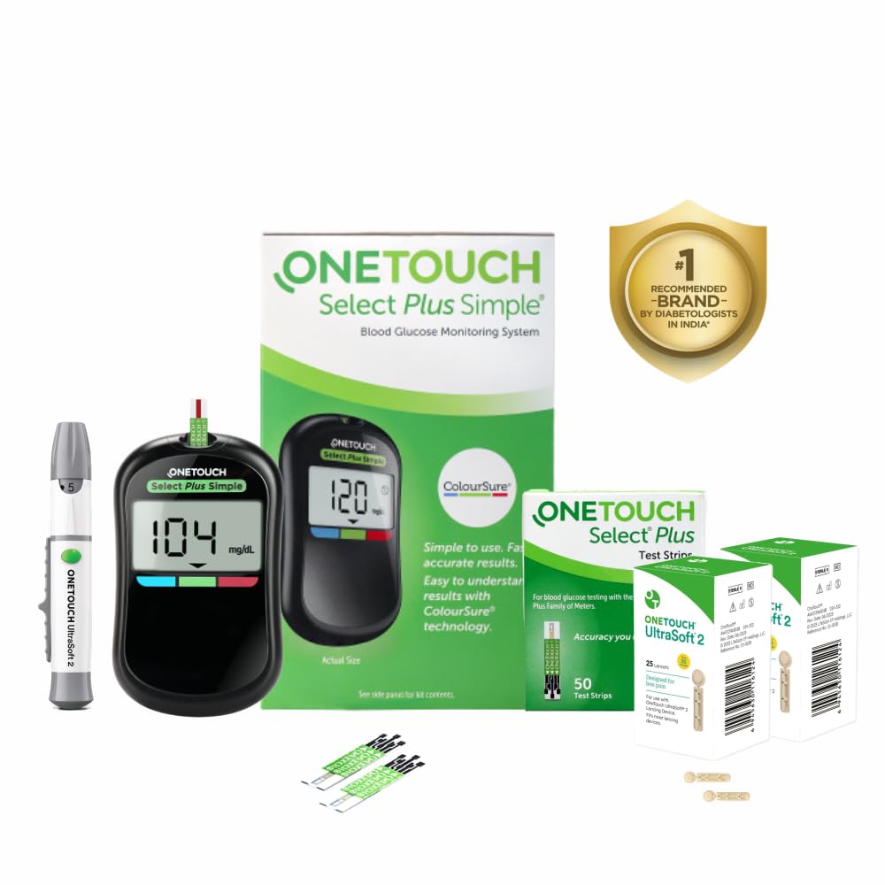 OneTouch Select Plus Simple Glucometer Machine With 50 Test Strips & 50 Additional Ultra Soft 2 Lancets (Total 60 Lancets) | Simple & Accurate Testing Of Blood Sugar Level At Home