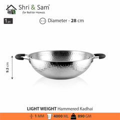 High Grade Stainless Steel Hammered Kadhai 28 Cm - Silver, 4 Liters | Easy To Clean & Dishwasher Safe