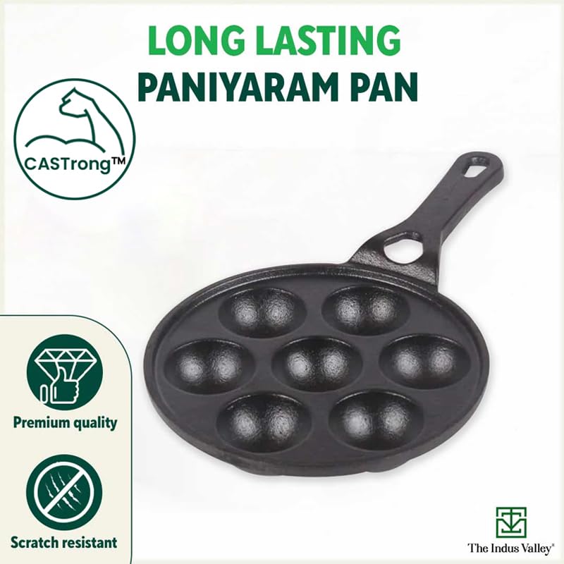 Super Smooth Black Cast Iron Paniyaram Pan With Long Handle - 7 Pits, 21cm, 8.3 Inch, 1.9 Kg | Nonstick, Pre-Seasoned Appe Or Paddu Pan, 100% Pure & Toxin-Free, No Chemical Coating