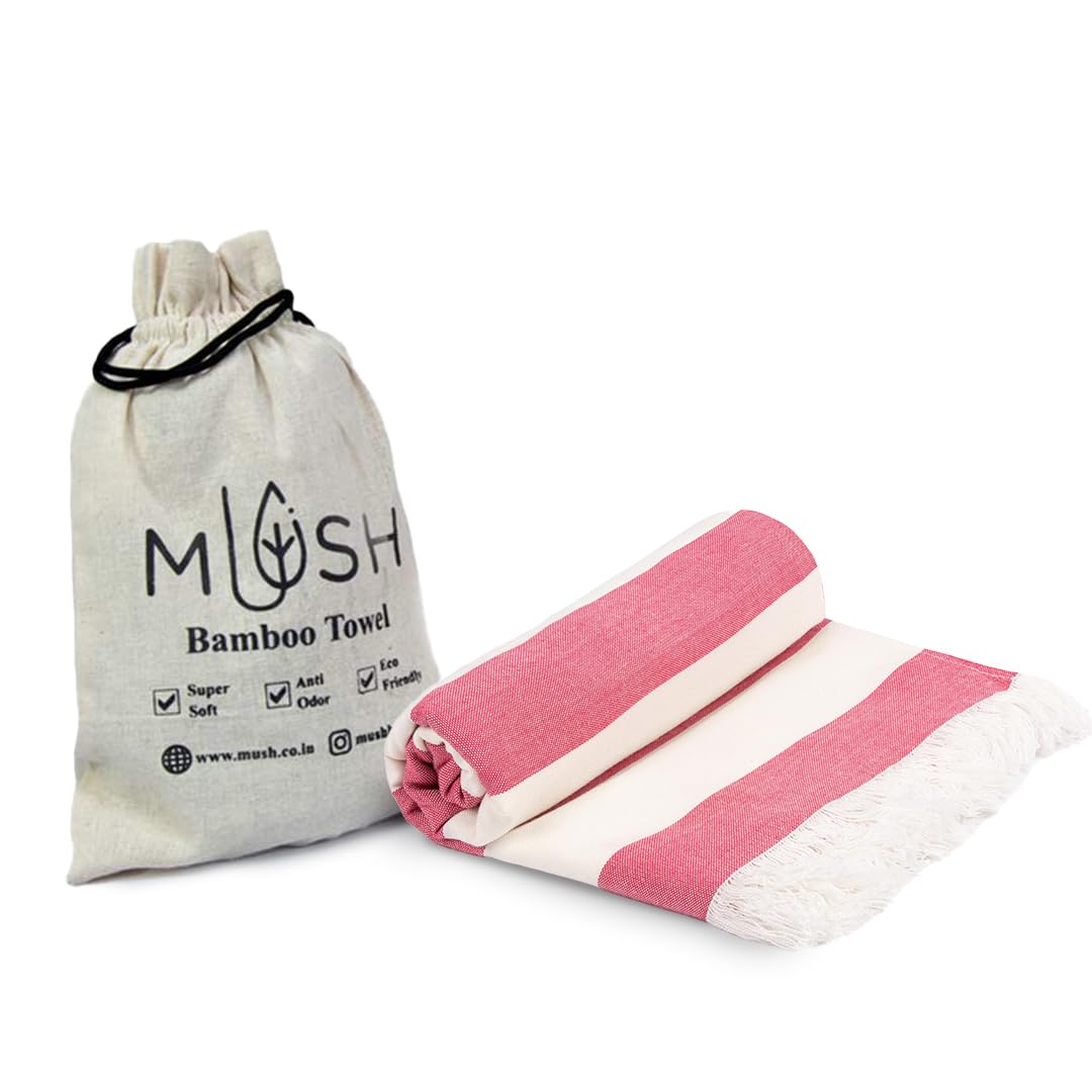 Mush Bamboo Turkish Towel 280 Gsm | 100% Bamboo Ultra Soft, Absorbent & Quick Dry Towel For Bath, Beach, Pool, Travel, Spa & Yoga (Red Stripes)