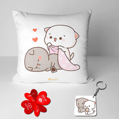 Peach & Goma Mochi Cat Pillow Cushion, Keychain With Card, White Color | Peach Goma Pillow, For Boyfriend, Valentines Gift For Girlfriend, Valentine Pillow For Couple, Model No - Combo 27