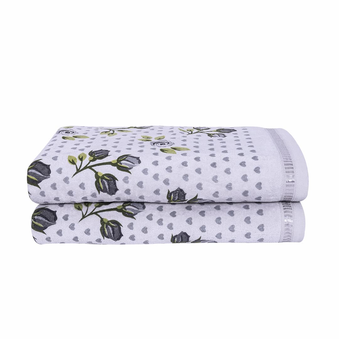 Rangoli Rose & Heart 100% Cotton Bath Towels 900 Gsm | Ultra Soft & Super Absorbent Bathing Towel (Grey) - Pack Of 2
