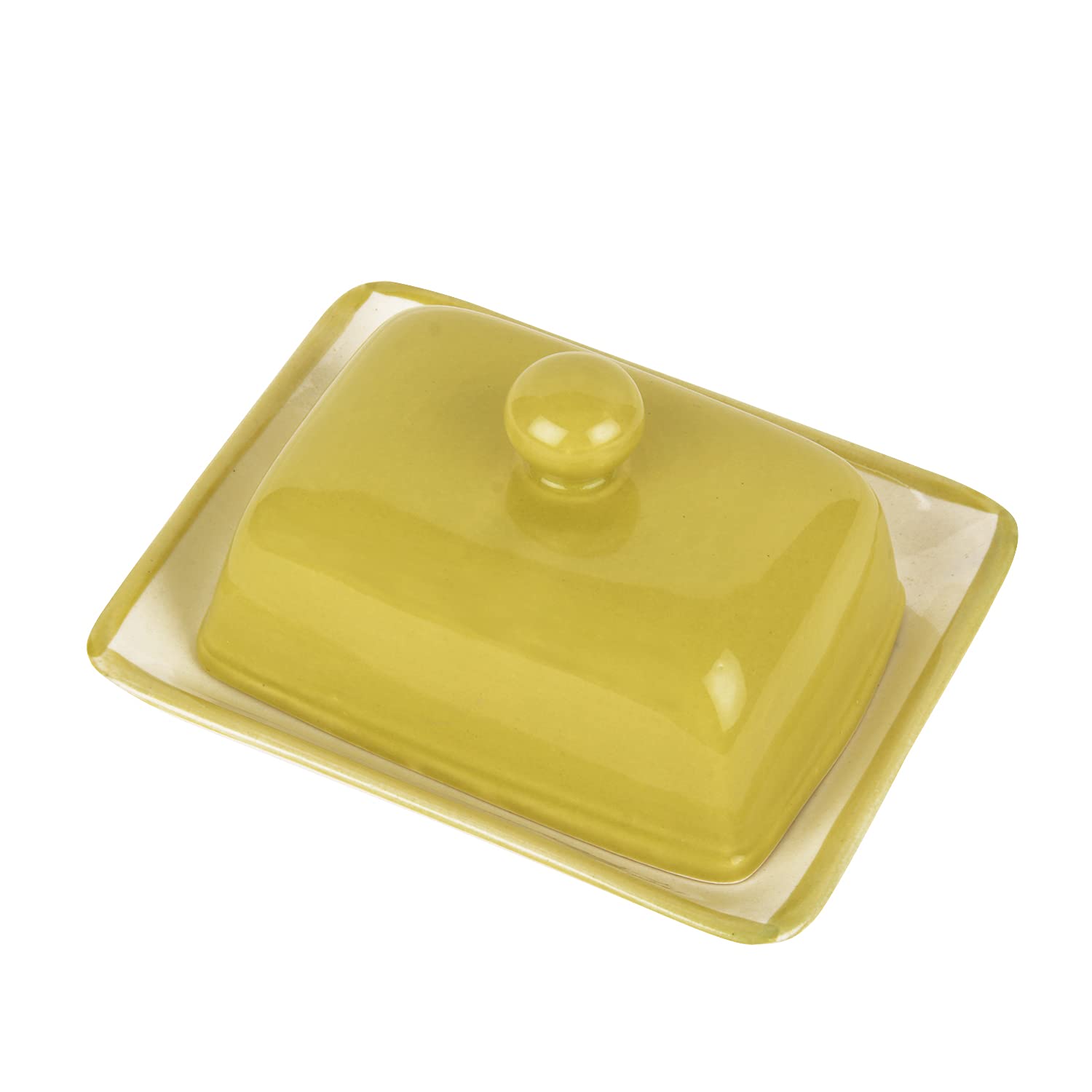 Glazed Ceramic Butter Dish With Lid - Lime Green, Height: 8 Cm | Butter Serving Set - Butter Container For 500 Gm