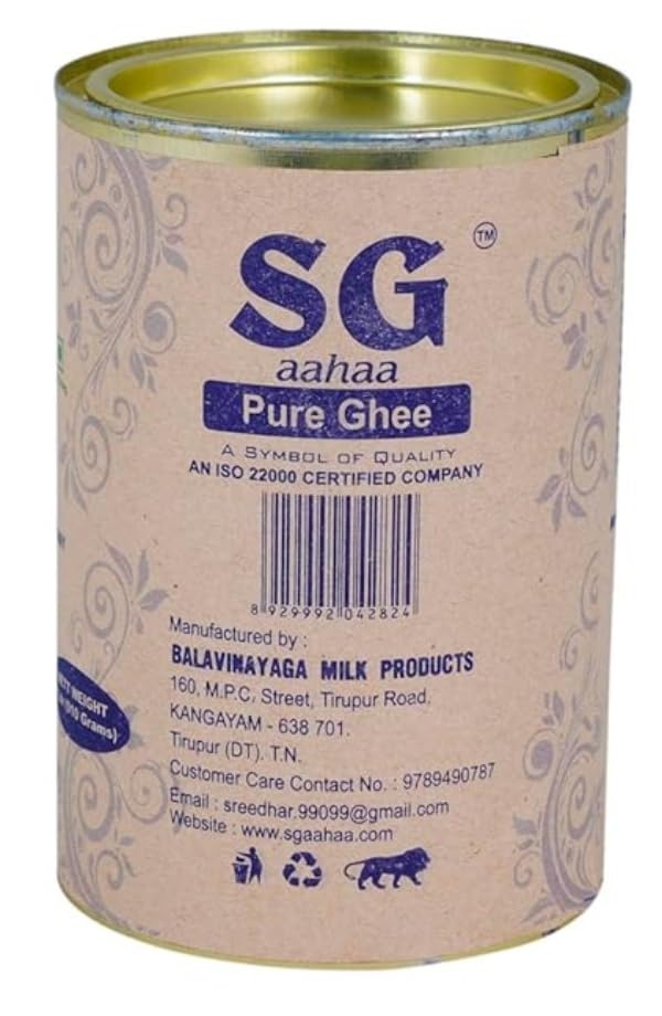 Organic Desi Cow Ghee By SG Aahaa | Rich Source Of Vitamin & Protein Fiber Pure Healthy Cow Ghee Perfect For Cooking, Baking | (500ml) 16.9 Ounce | Tin Pack