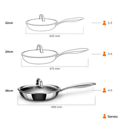 Stellar Stainless Steel Triply Frypan With Lid - 24 Cm, 1.8 Liters | Etched Nonstick Fry Pan - Rivet Less Handle | Induction & Gas Base