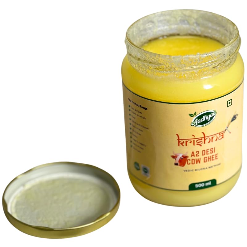 Organic Krishna A2 Desi Cow Ghee By Aadhyaa | Vedic Bilona Method Hand Churned Cultured Ghee Good For Boost Energy | (500ml) 16.9 Ounce | Jar Pack