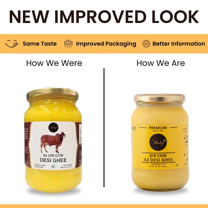 Pure A2 Desi Gir Cow Ghee By Shahji | High In Protein Fiber & Nutrients Healthy Desi Cow Ghee For Boost Immunity | (500ml) 16.9 Ounce | Jar Pack