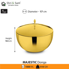 Majestic High Grade Stainless Steel Double Wall Donga With Lid, Gold PVD Coating - 16.5 Cm, 1 Liters | Easy To Clean & Dishwasher Safe