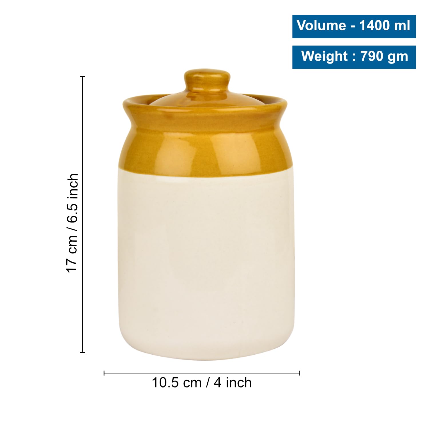 Hand Glazed Dual Tone Ceramic Jar With Lid 1400ml - Sand Yellow & Off White | Ceramic Storage Container For Kitchen, Salt, Spices | Pickle Storage Jar - Burni For Achar