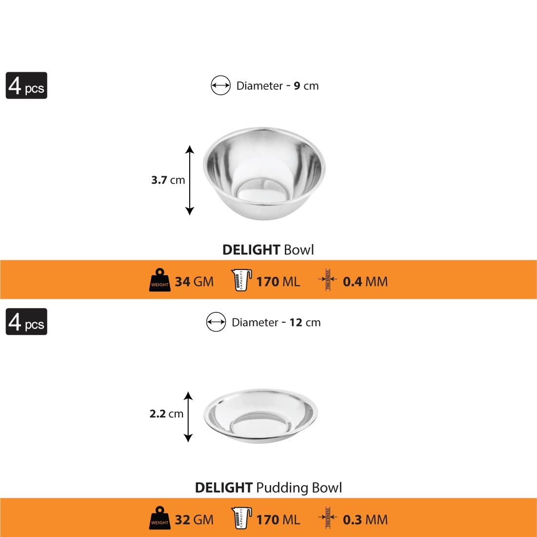 Stainless Steel Delight Solid Dinner Set Of 24 Pieces, Silver | 4 Dinner Plates+ 4 Side Plates+ 4 Glasses+ 4 Bowls+ 4 Pudding Bowls+ 4 Dessert Spoon