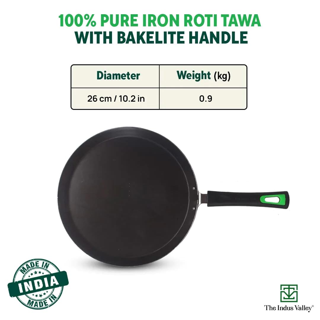 Pre-Seasoned Black Iron Tawa For Dosa, Chapathi With Bakelite Handle - 26cm, 10.2 Inch, 0.9 Kg | Induction Friendly, Pre-Seasoned Tawa, 100% Pure & Toxin-Free, No Chemical Coating