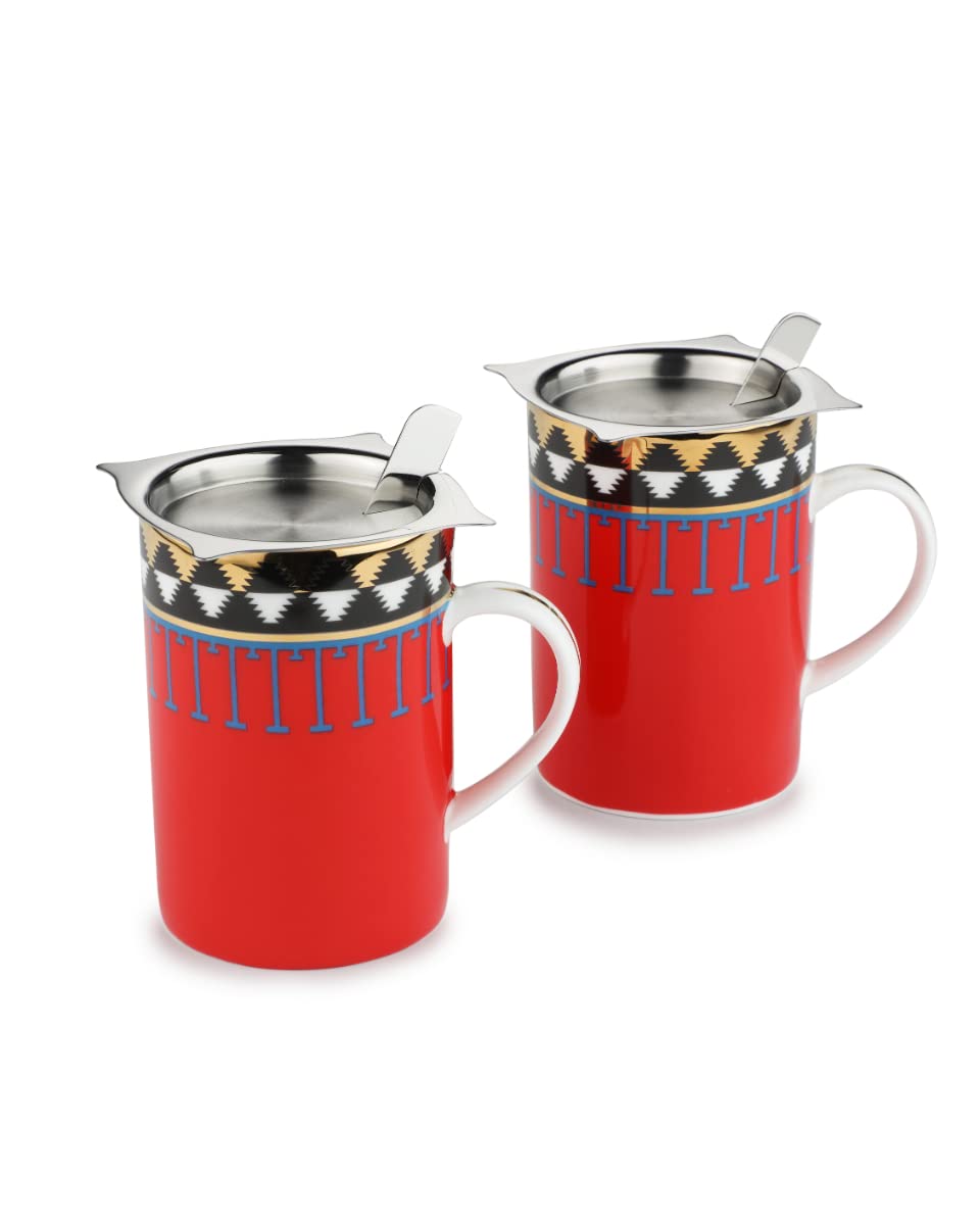 Ceramic Mug & Stirrer Set Of 2 Red & Chrome, 300ml | Cappuccinos Mug, Espresso Mug, Green Tea Mug With Handle For Coffee Multi-Purpose Mug Set | Corporate Gifting For Diwali