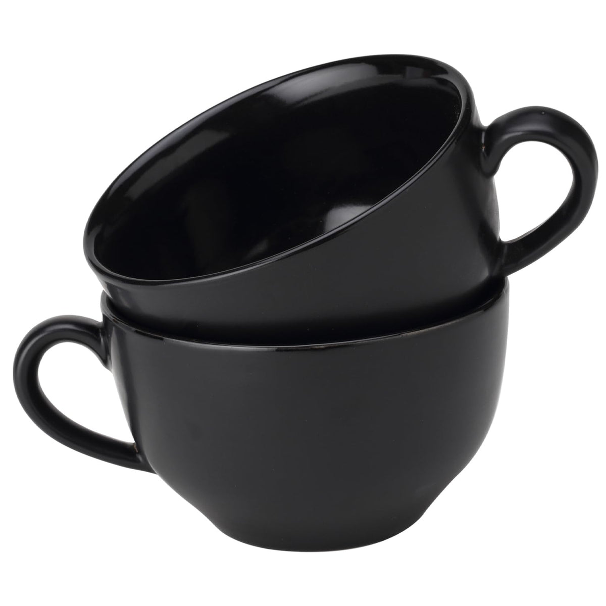 Ceramic Soup & Coffee Wide Large Mug With Handle - Set Of 2, 350ml Each, Black | Bone Ash Free & Microwave Safe - For Maggi, Cappuccino, Latte, Green Tea - Matte Finish