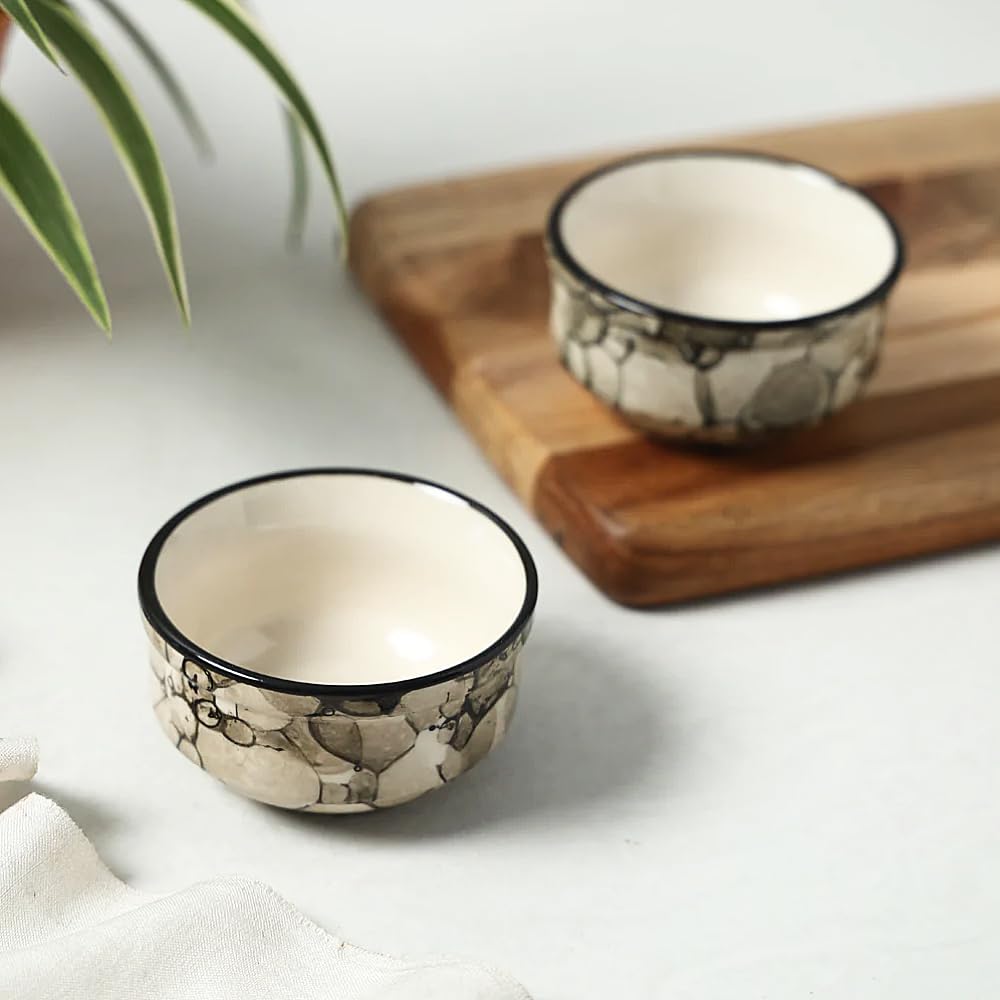 Hand Painted Ceramic Dip Bowl Set Of 2 - 75ml Each, Black Luster | Ceramic Bowl Set - Dining Table Bowl Set | Chutney Katoris