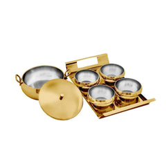 Stainless Steel Farm House Serving Set, Golden | 1 Big Serving Bowl With Lid, 1000ml + 4 Small Bowls+ 1 Tray