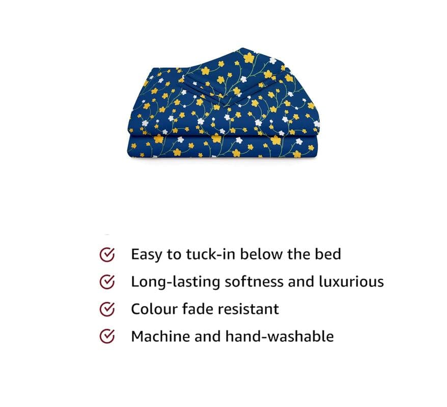 1 Single Bedsheet And 1 Pillow Cover - 60 X 90 Inches, Blue & Yellow | Cotton Floral Luxurious Beautiful Soft Comfort Designer Floral Pattern