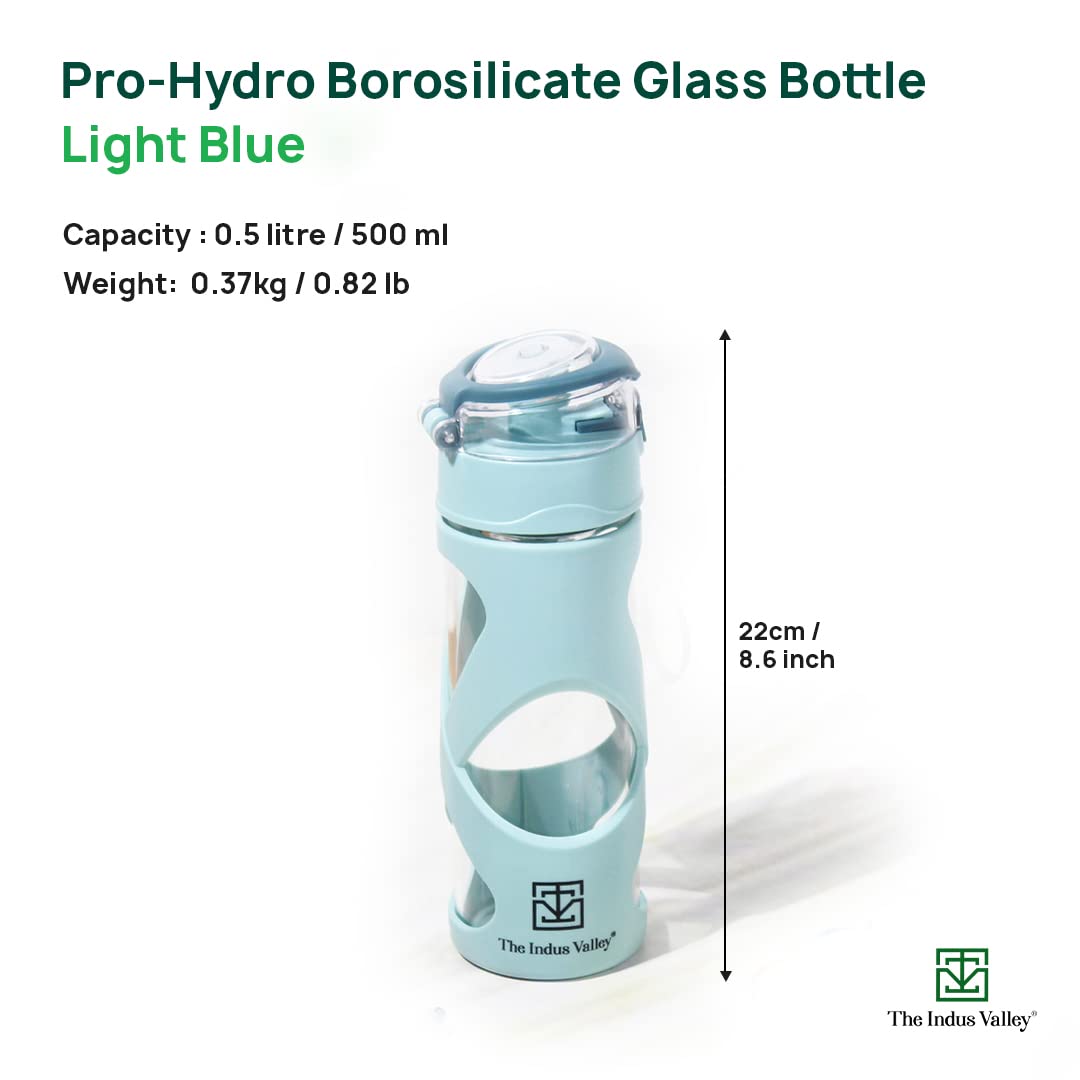 Pro-Hydro Borosilicate Glass Water Bottle For School, College, Office, Gym | Light Blue, 500ml - Leak Proof, BPA-Free, Anti-Slip