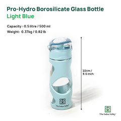 Pro-Hydro Borosilicate Glass Water Bottle For School, College, Office, Gym | Light Blue, 500ml - Leak Proof, BPA-Free, Anti-Slip