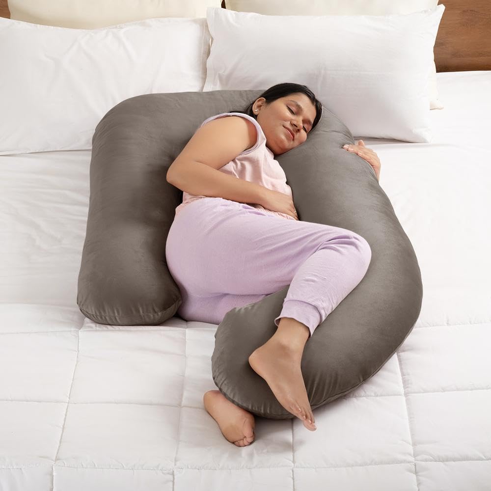 Pregnancy Pillow, J Shaped Pillow, For Pregnant Women, Charcoal Grey | Maternity Pillow For Pregnant Mothers | Velvet Cover, Full Body Support For Better Sleep, Pillow For Back Support