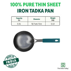 Pre-Seasoned Black Iron Tadka Pan With Silicon Grip - Small 12.7 Cm, 5 Inch, 340ml, 0.43 Kg | Gas Compatible, 100% Pure & Toxin-Free, No Chemical Coating