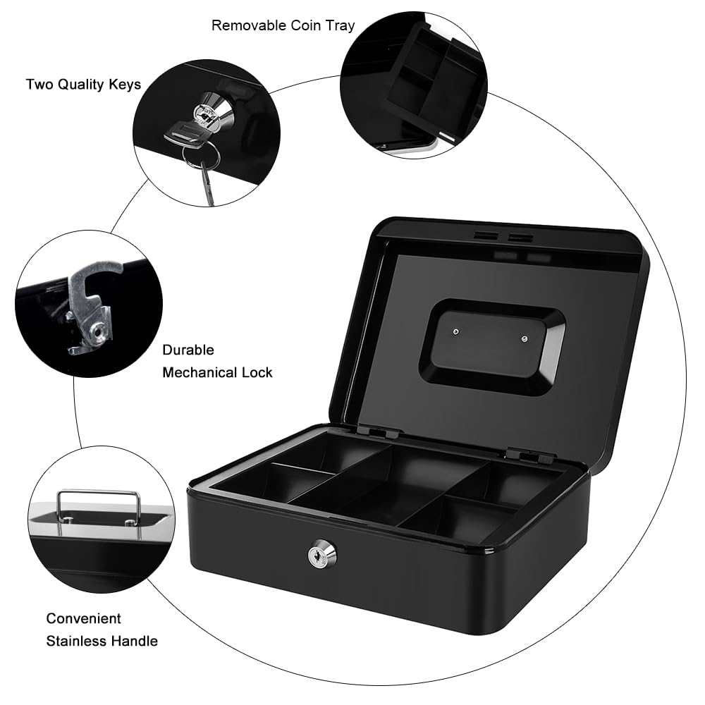 Cash Box With Money Tray & Key Lock Large Security Box Metal Safe Box For Money 9.84 X 7.87 X 3.54 Inch, Colour - Black, Material - Metal