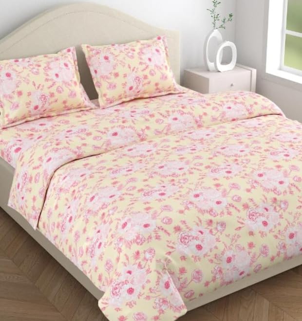 Flat Bedsheet Queen Size Bed With 2 Pillow Covers - 100 X 90 Inches, Cream & Pink | Soft, Breathable & Durable | Skin-Friendly & Durable