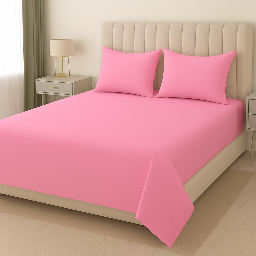 Plain Double Bedsheet For Queen Size With 2 Matching Pillow Covers For Home - 90 X 100 Inches, Pink | Smooth Finish, Soft Touch & Breathable Comfort For Everyday Use