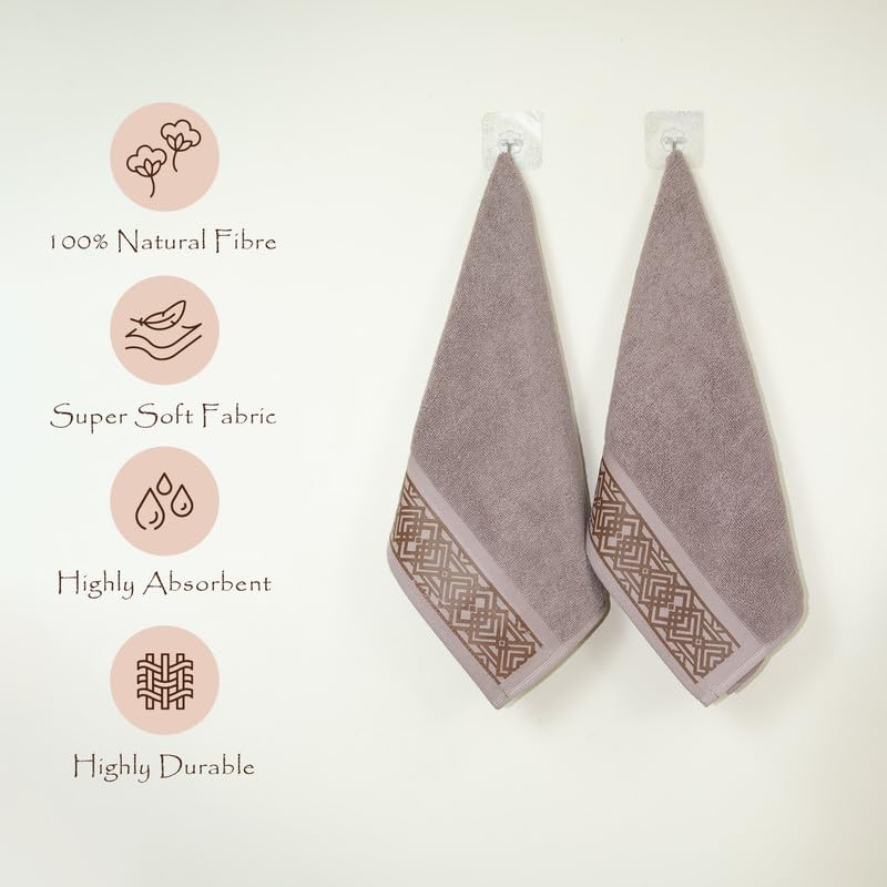 Rangoli 100% Cotton Fibre 2 Hand Towels 400 Gsm | Highly Durable & Absorbent Towel | Skin-Friendly & Quick Drying Luxury Towels (Brown) - Pack Of 2