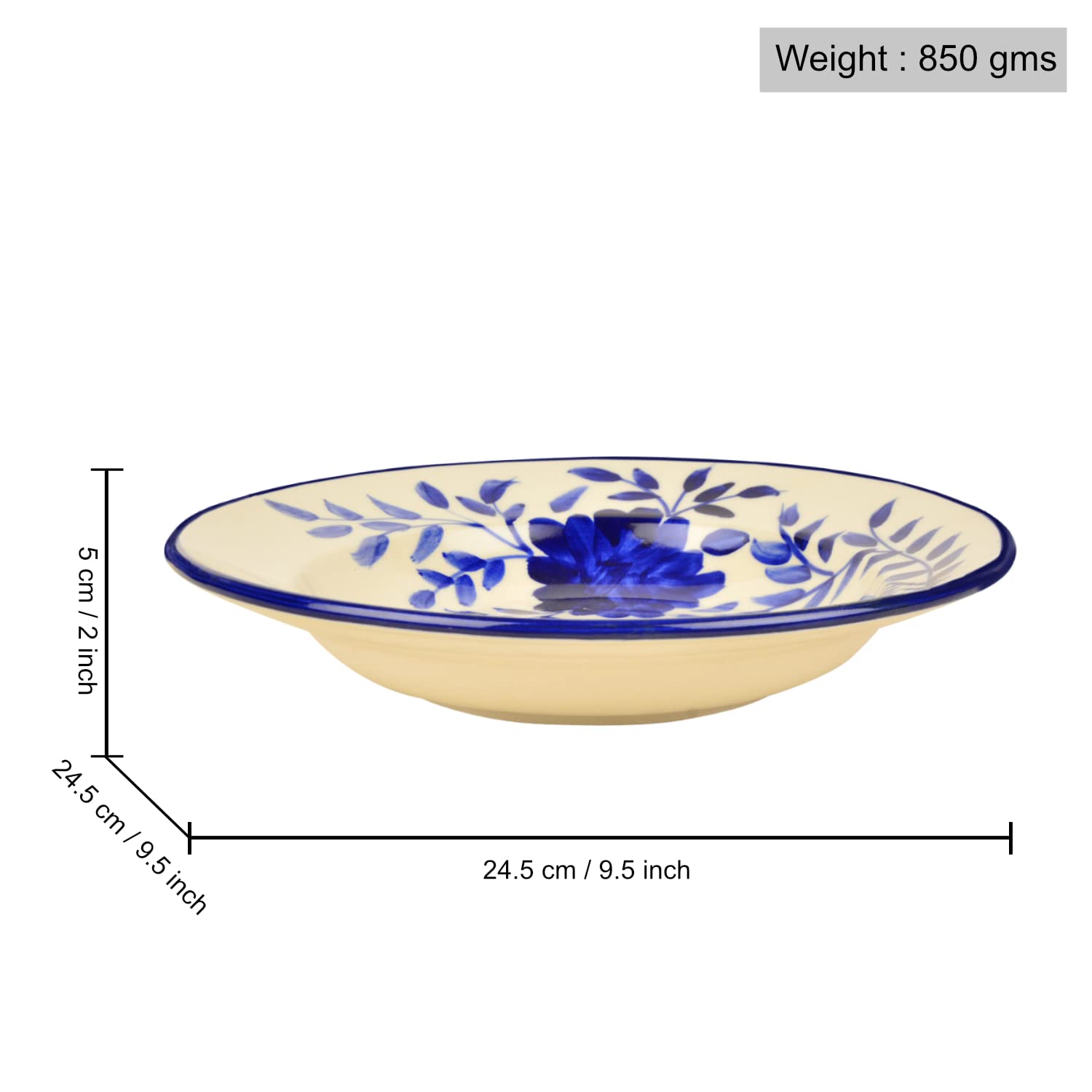 Hand Painted Premium Ceramic Floral Deep Pasta Plates Set Of 2 - Diameter: 9.5 Inches, Blue & Off White | Soup Plates - Maggi Plates