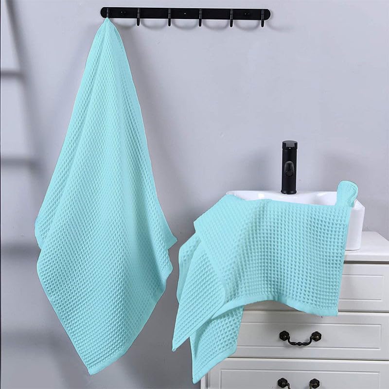 Enchant Home Pure Cotton Waffle Towel 500 Gsm | Lightweight Anti-Microbial & Water Absorbent Soft Touch Quick Drying Hand Towels | Aqua (Pack Of 4)