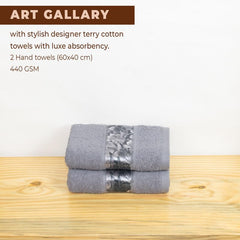 Rangoli 100% Cotton Fibre Hand Towels 440 Gsm | Highly Durable & Absorbent With Printed Border | Quick Drying Towels (Grey) - Pack Of 2