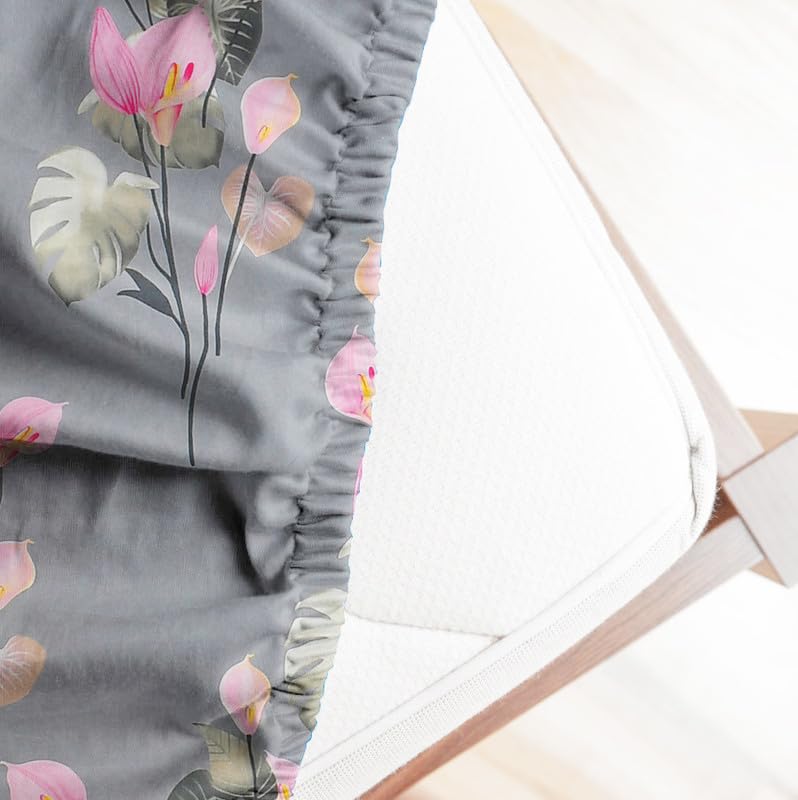 Printed Double Bedsheets With 2 Pillow Covers - Size-78x72+10 Inches, Grey & Pink | King Size Bed With All Around Elastic Breathable Long Lasting