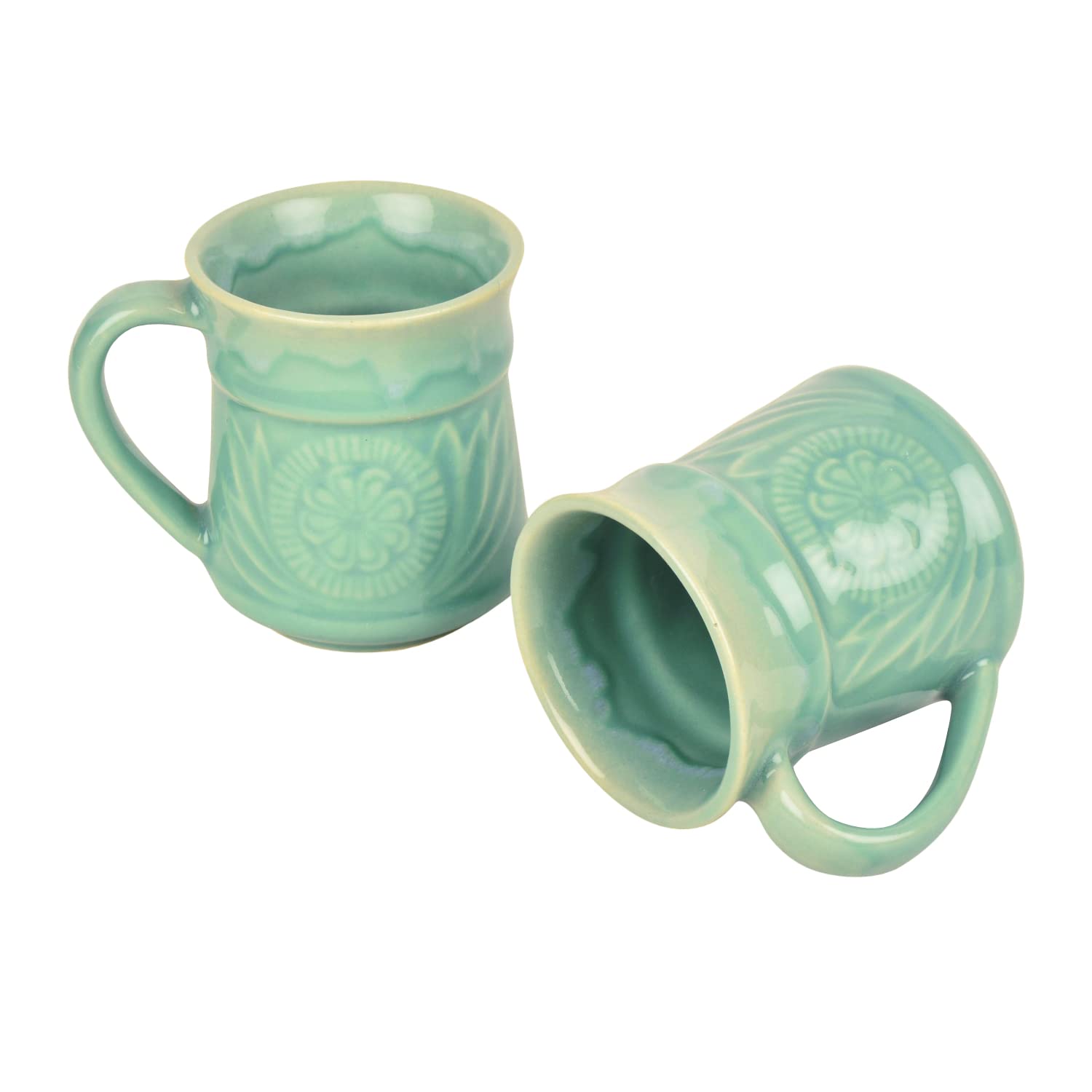 Studio Pottery Etched Ceramic Coffee Mugs Set Of 2 - 300ml Each, Turquoise | Milk Mugs - Tea Cups & Mugs