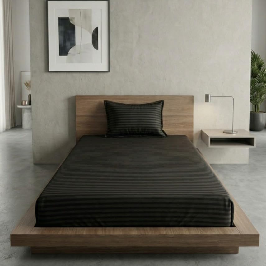 Cotton Black Striped Single Bedsheet With 1 Pillow Cover - 55 X 90 Inches | Long-Lasting Color Comfortable Fabric Bedsheet